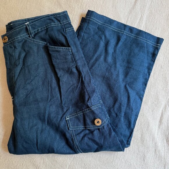 NWT Sharon Anthony Blue Linen Cropped Cargo Pants Size 10P‎ - Picture 1 of 9